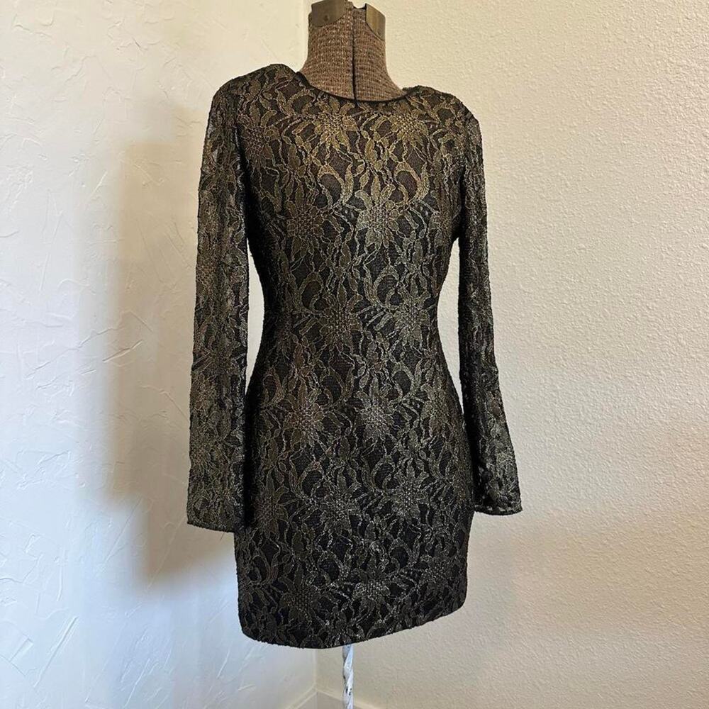 Cynthia Steffe Metallic Lace Cocktail Dress, Black & Gold, Long Sleeve Sheath